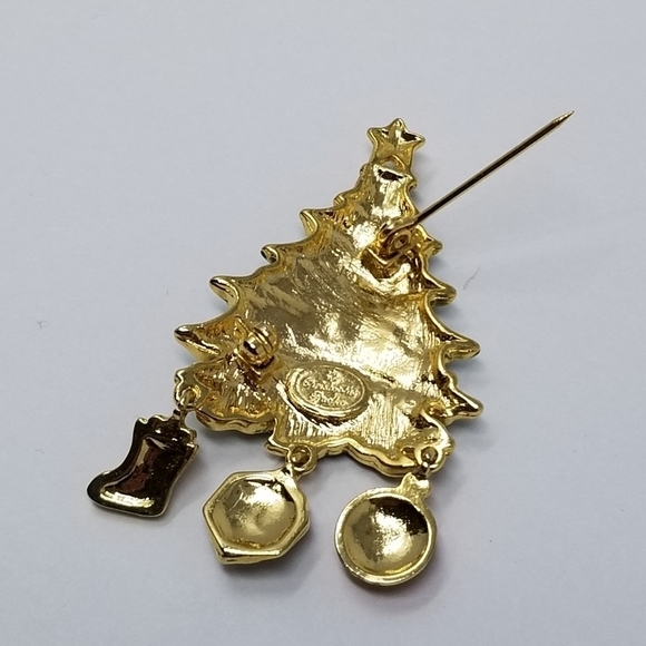 Vtg Christopher Radko Christmas Tree Pin Brooch Signed Dangle Enamel Rhinestone - Picture 2 of 9